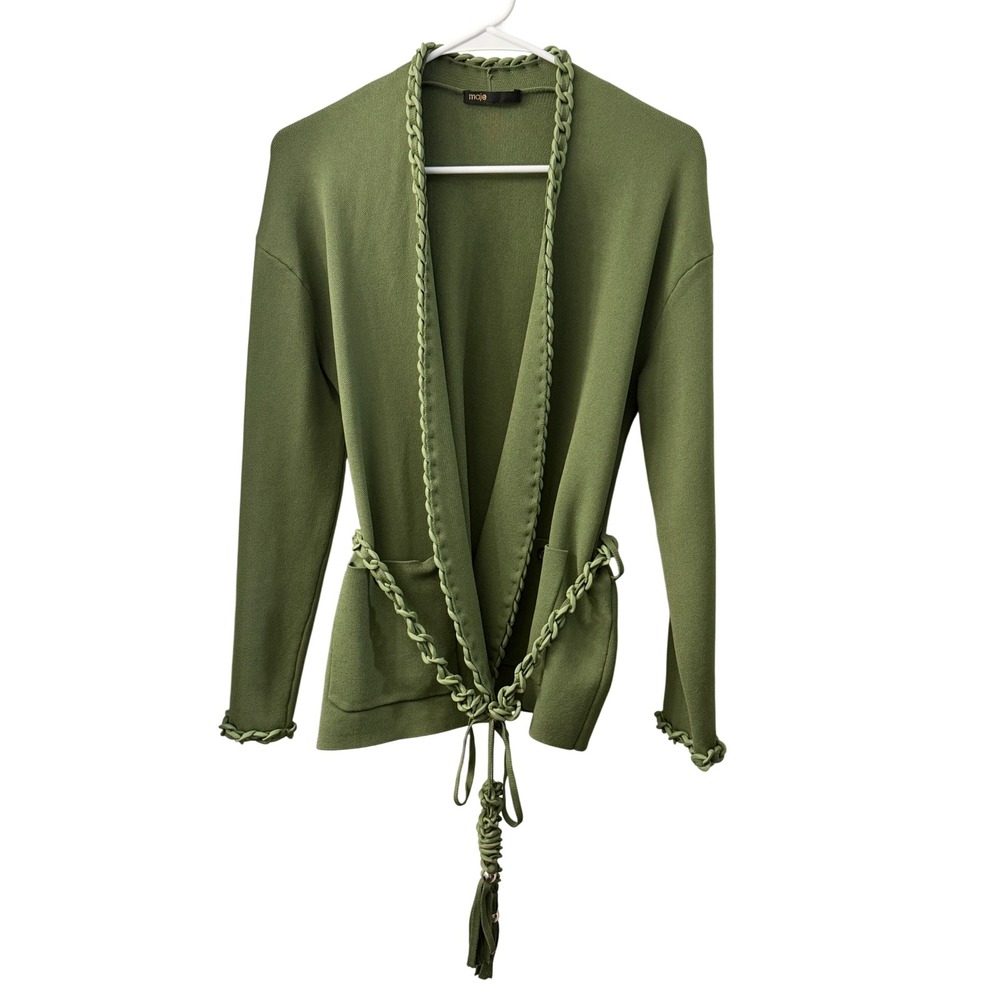 Maje Sage Green Chain Link Trim Belted Open Front Cardigan Sweater Pockets